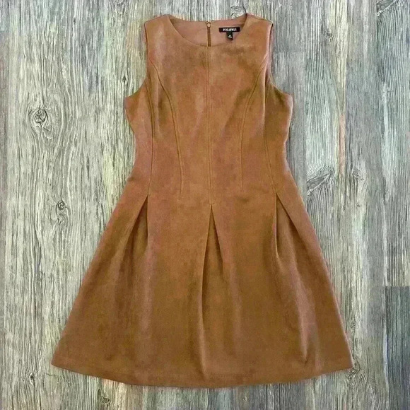 ROZ & ALI Faux Suede Women's 10 Sleeveless Fit and Flare Brown Dress Stretch Zip - Picture 1 of 11